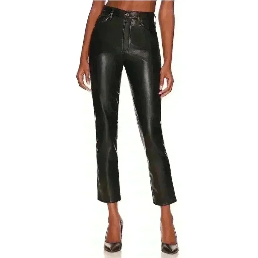 New Agolde Riley Long Pants Recycled Leather in Detox Black High Rise Sz 34